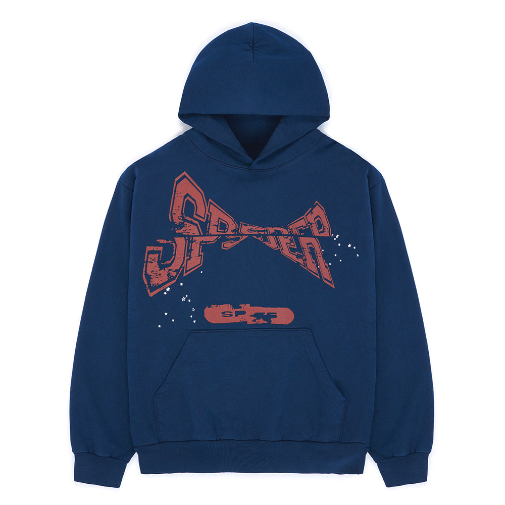 Navy blue fleece adult sweatshirt with distressed red "SPEED" graphic and custom racing patch.