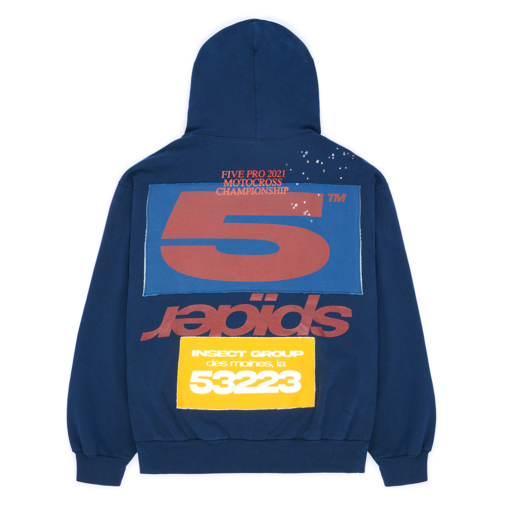 Navy blue fleece sweatshirt with "FIVE PRO 2021 MOTOCROSS CHAMPIONSHIP" text, a large red "5", "rapids", and "INSECT GROUP des moines, ia 53223" patches.