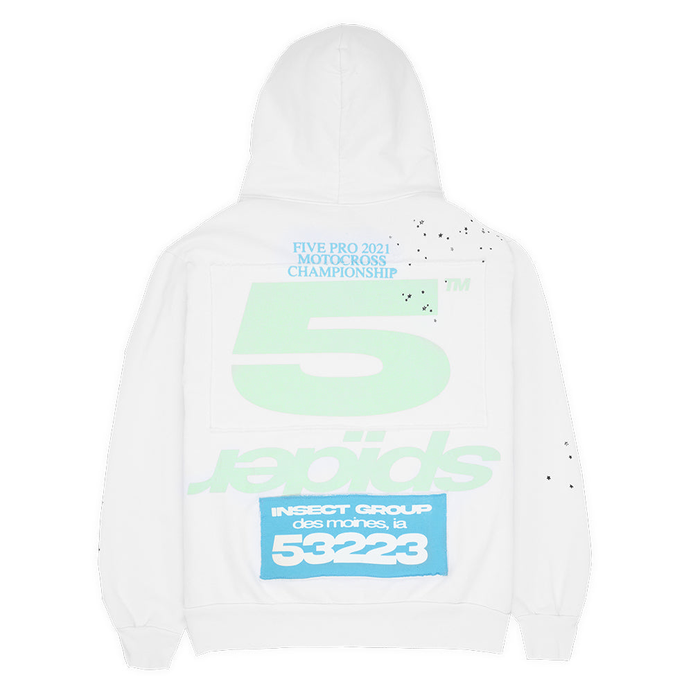 White adult sweatshirt with "FIVE PRO 2021 MOTOCROSS CHAMPIONSHIP" text, a large green "5", "rapids", and "INSECT GROUP des moines, ia 53223" in blue.