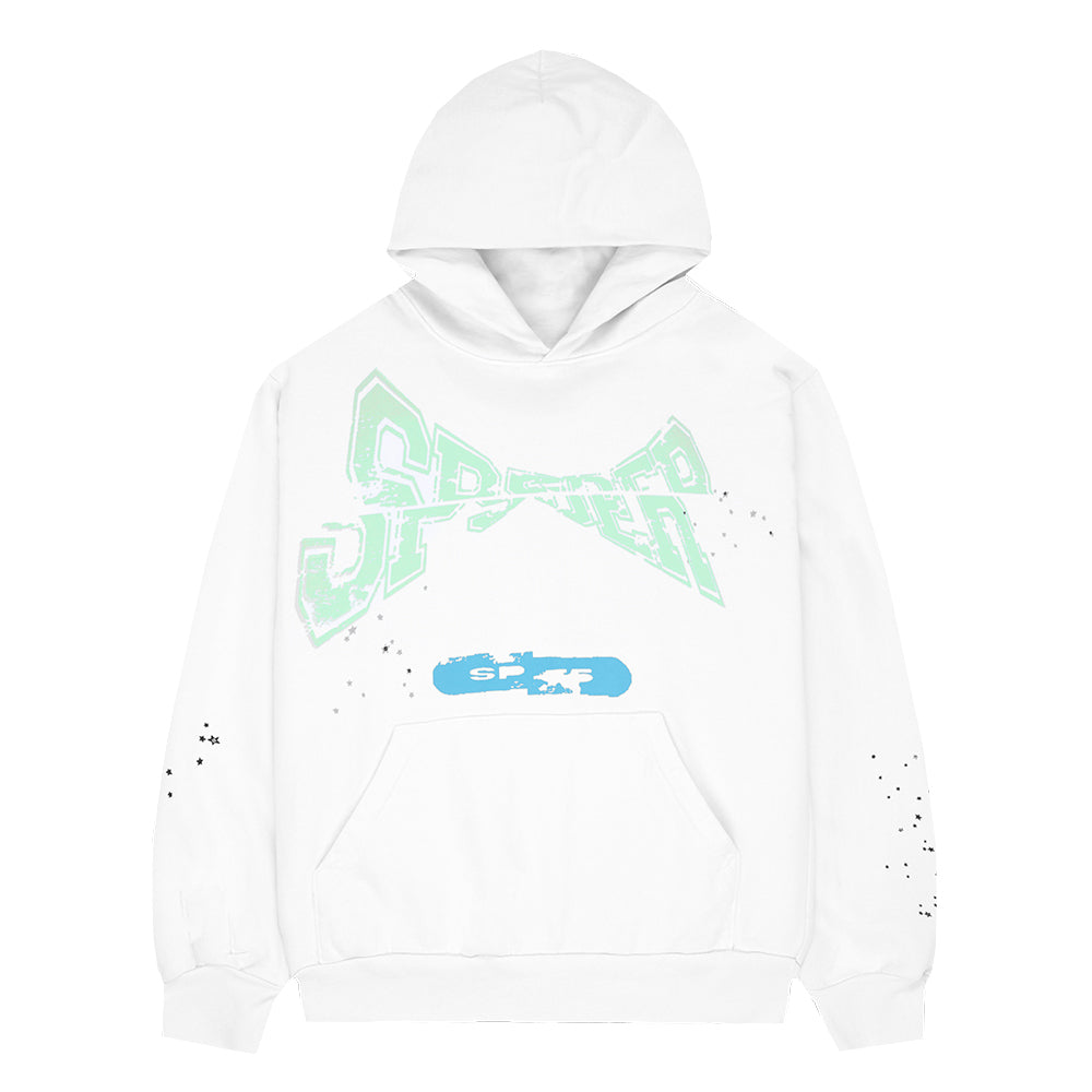 White adult fleece sweatshirt with green "SPINNER" puff print, blue graphic, and star details.