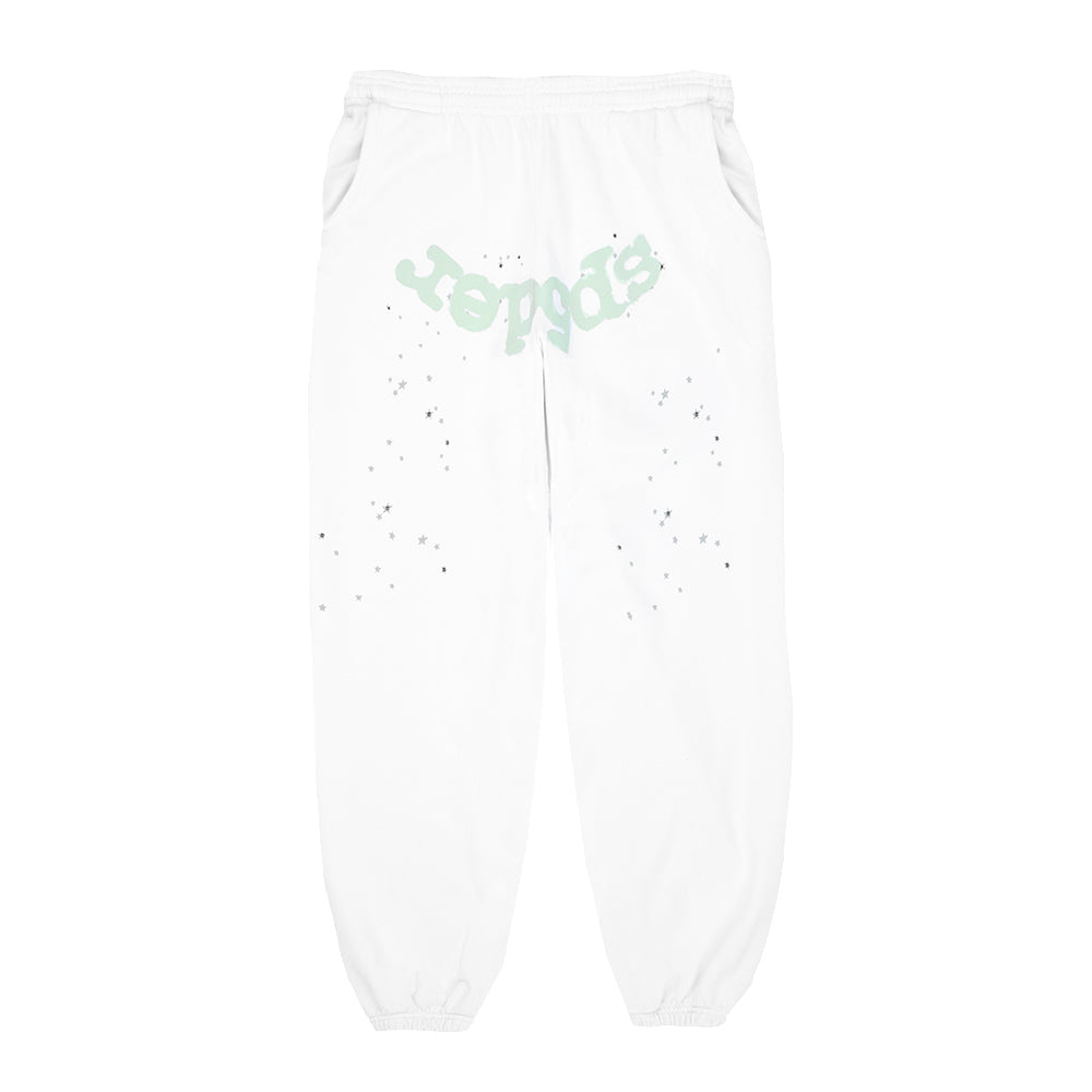 White adult sweatpants with green puff print text and scattered star discharge print.
