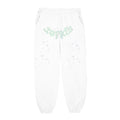 White adult sweatpants with green puff print text and scattered star discharge print.