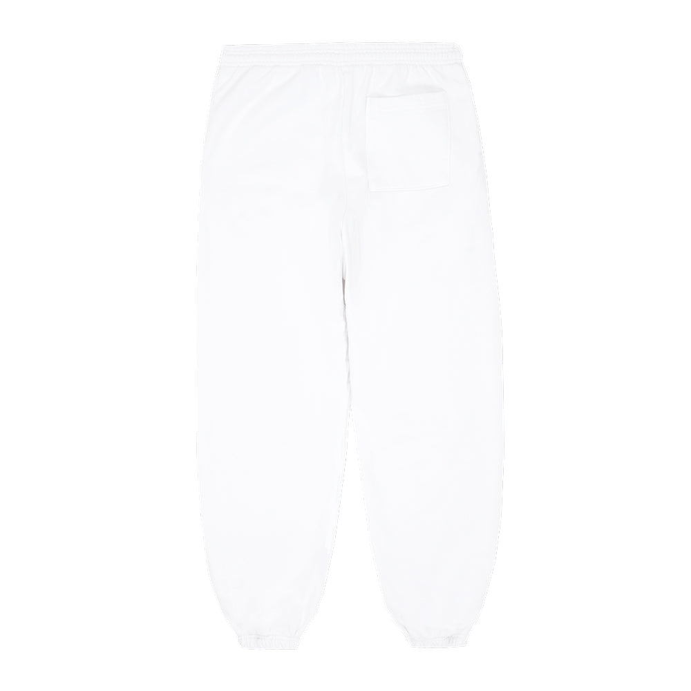 White adult sweatpant, 23oz fleece, with a back pocket and elastic cuffs.