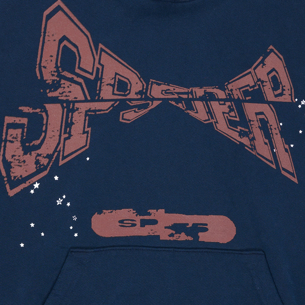 Navy blue adult sweatshirt with distressed red "SPIDER" puff print and white star accents.