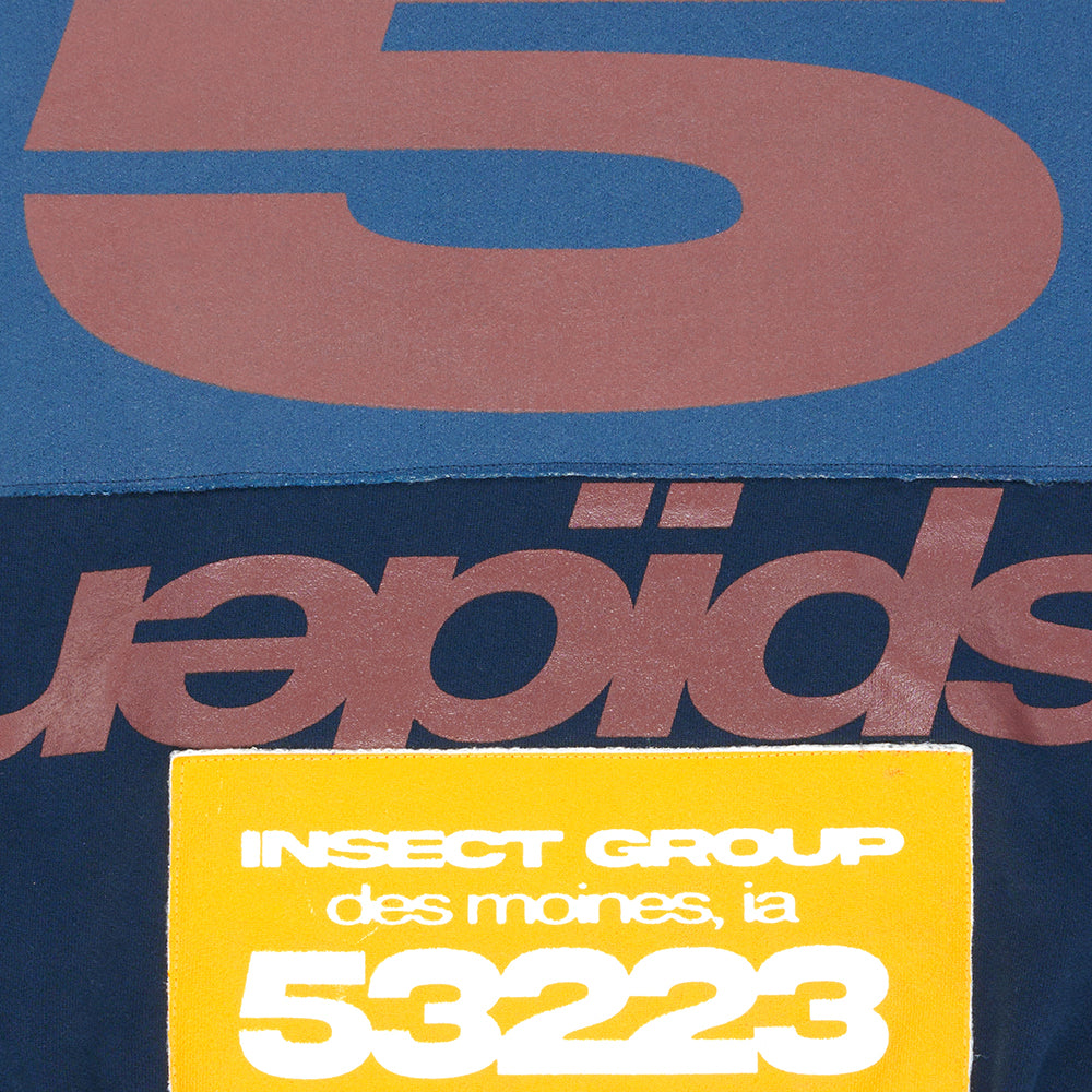 Blue fleece sweatshirt with red "5" and "lepids" print, plus a yellow "INSECT GROUP des moines, ia 53223" patch.