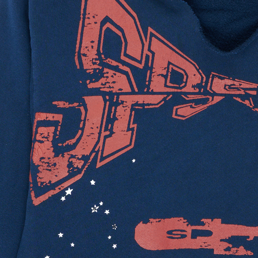 Navy blue cropped hoodie with distressed red "SPACE" graphic and small white stars.