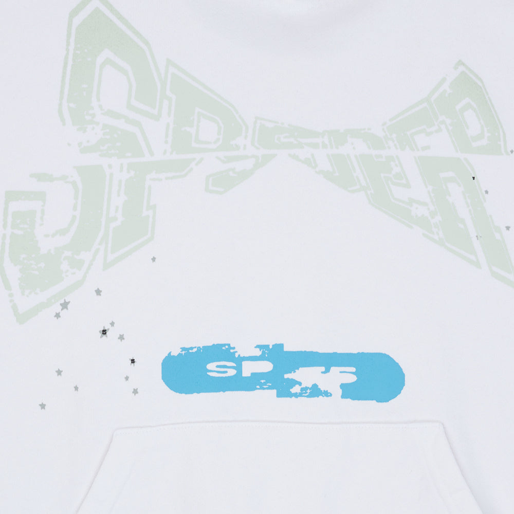 White adult sweatshirt with green "SPEED" puff print, blue "SPF" graphic, and small star details.