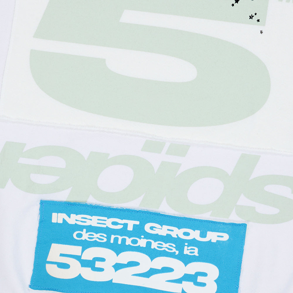 White adult sweatshirt with light green "5" and "lepids" print, featuring a blue "INSECT GROUP des moines, ia 53223" patch.