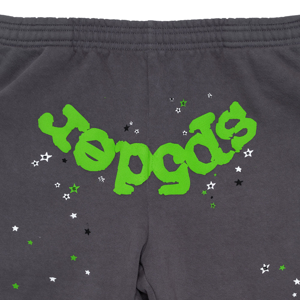 WAIT WEB SWEATPANT, dark gray 23oz fleece with bright green "sp5der" puff print and scattered stars.