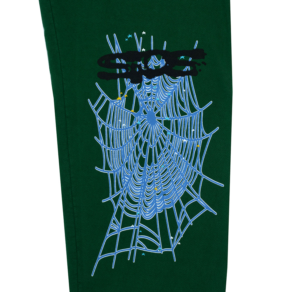 Dark green fleece sweatpant with blue spider web and black SP5DER puff print on the left leg.