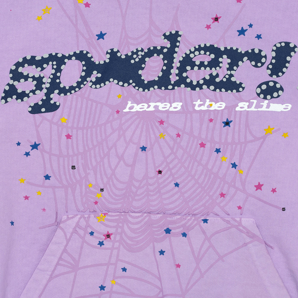 AÇAÍ SP5DER HOODIE: Purple 23oz fleece with puff print "spider!" text, web, and star motifs.