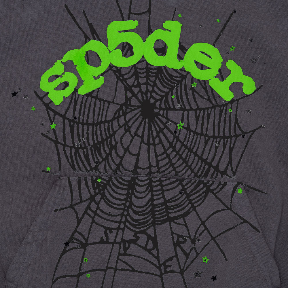 Gray 23oz fleece hoodie with neon green puff print "SP5DER" text and black discharge print spider web.
