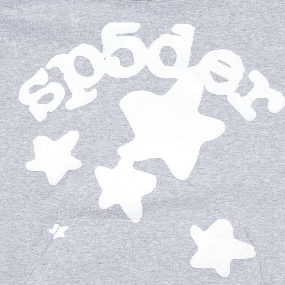 Gray 23oz fleece hoodie with white puff print 'SP5DER' text and star graphics.