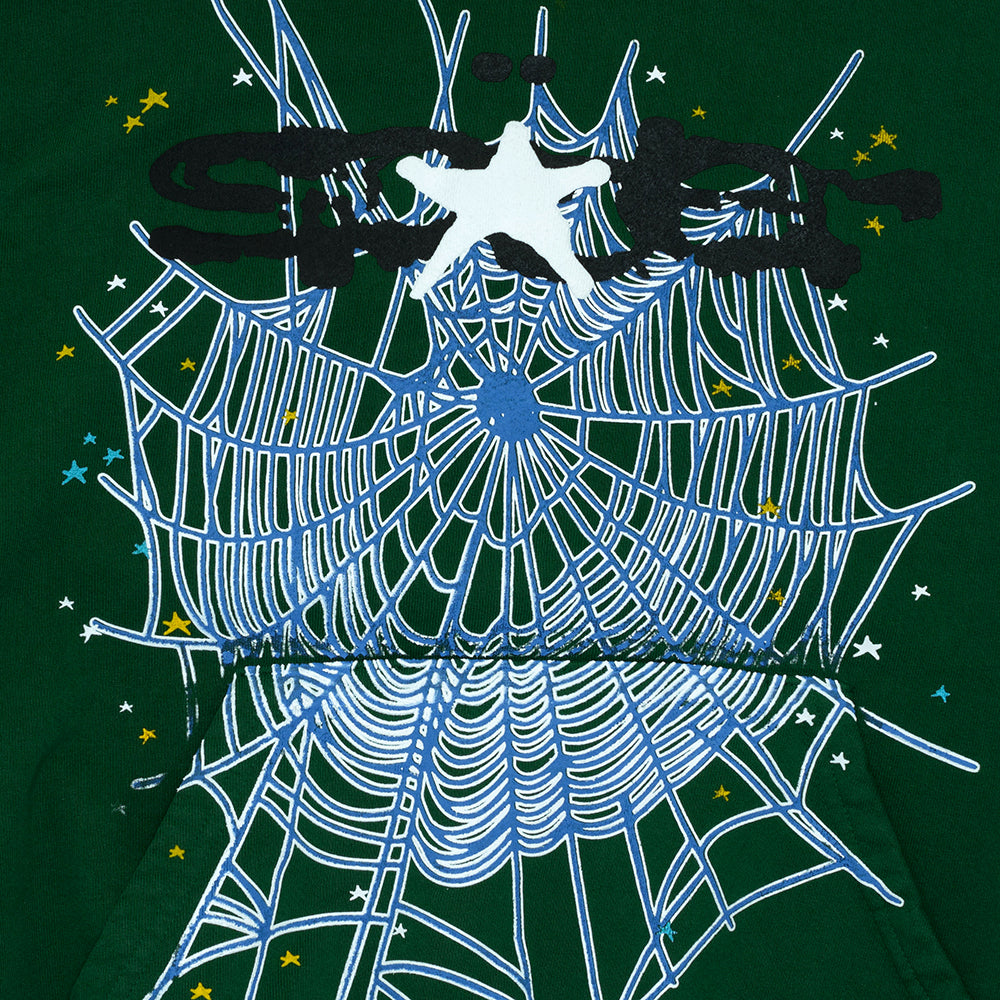 Dark green WEB HOODIE with white and blue spider web, black SP5DER text, and stars.