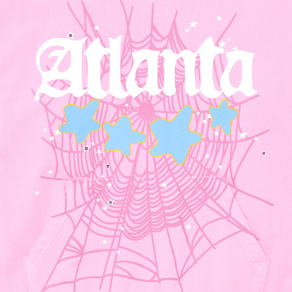 Pink Atlanta Hoodie with white "Atlanta" puff print, blue stars, and pink spiderweb design.