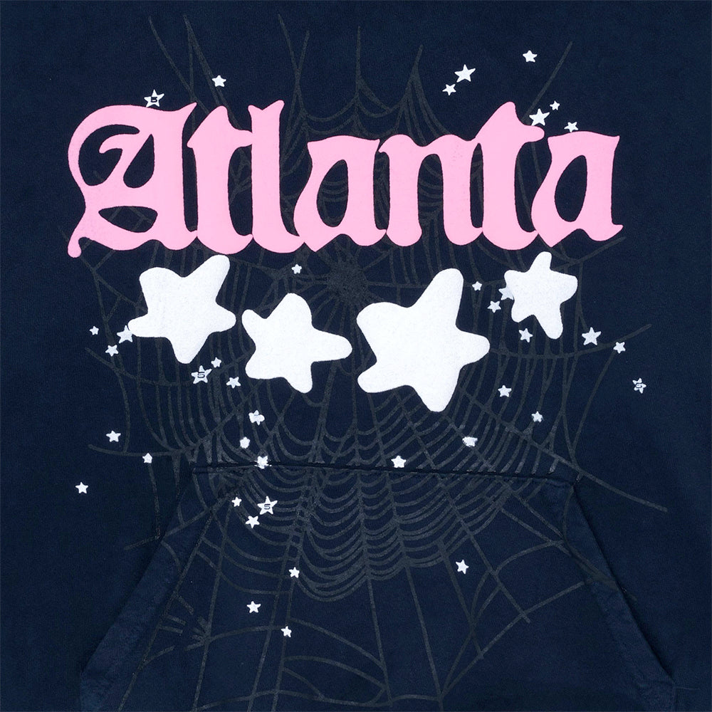 Navy ATLANTA HOODIE with pink "Atlanta" puff print, white stars, and subtle spiderweb graphic.
