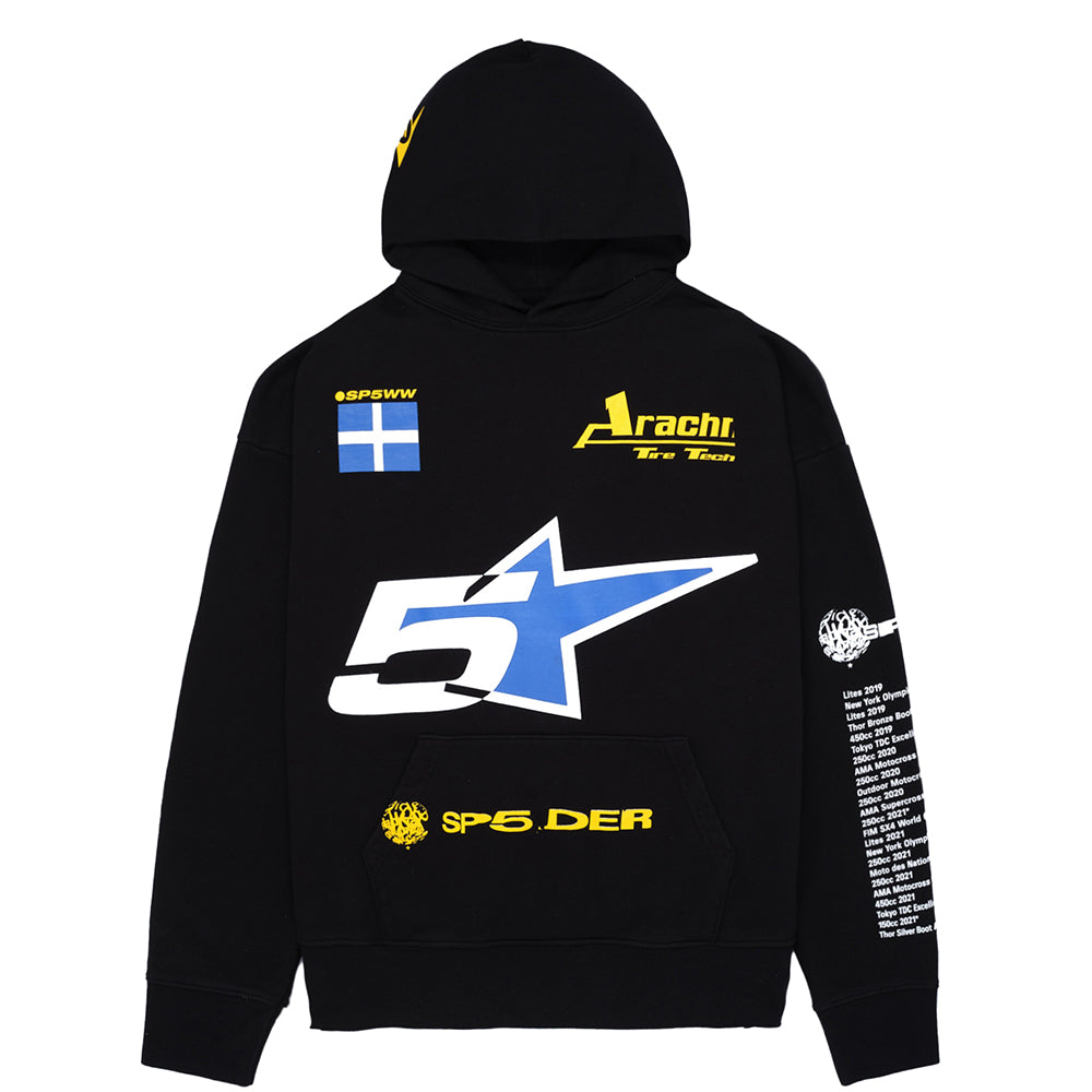 Black oversized hoodie with yellow and blue graphics, including a large "5" and "SP5.DER" on the front.