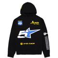 Black oversized hoodie with yellow and blue graphics, including a large "5" and "SP5.DER" on the front.