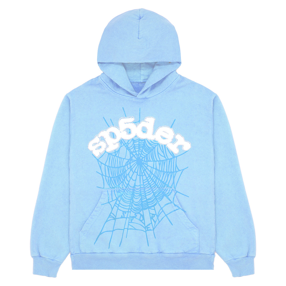 Light blue WEB HOODIE with white "sp5der" puff print and light blue SP5DER web print.