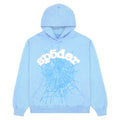Light blue WEB HOODIE with white "sp5der" puff print and light blue SP5DER web print.