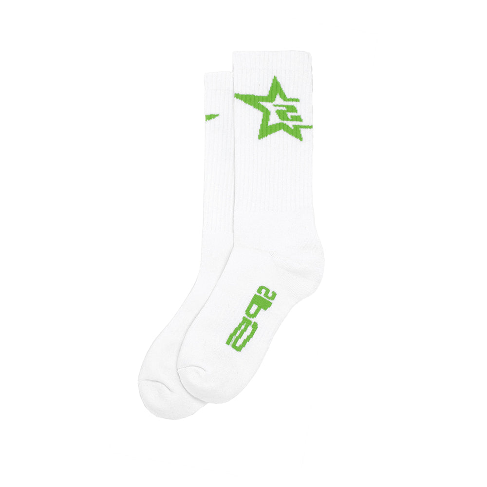 White jacquard knit tube socks with a vibrant green "5 Star" graphic on the calf and "5 Star" on the sole.