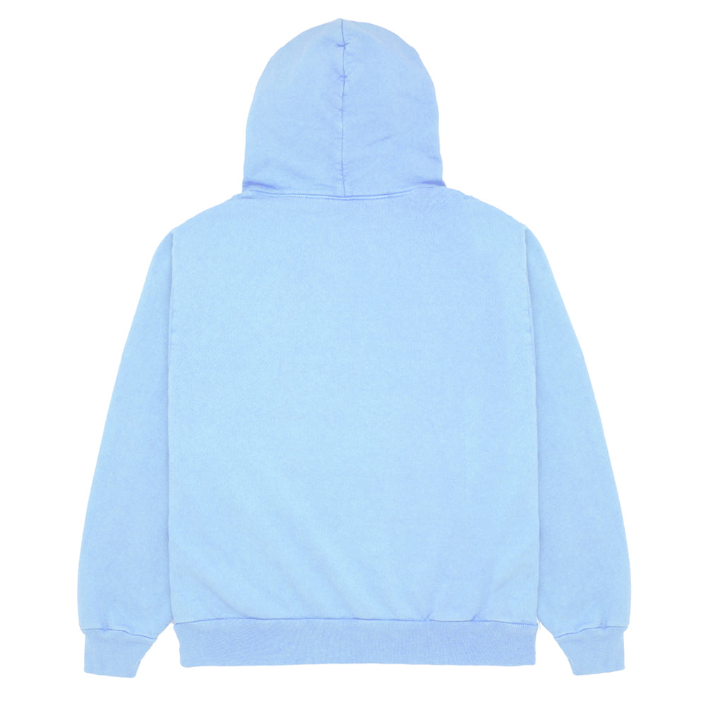 Back view of a light blue SP5DER WEB HOODIE, 23oz fleece, with no visible print.