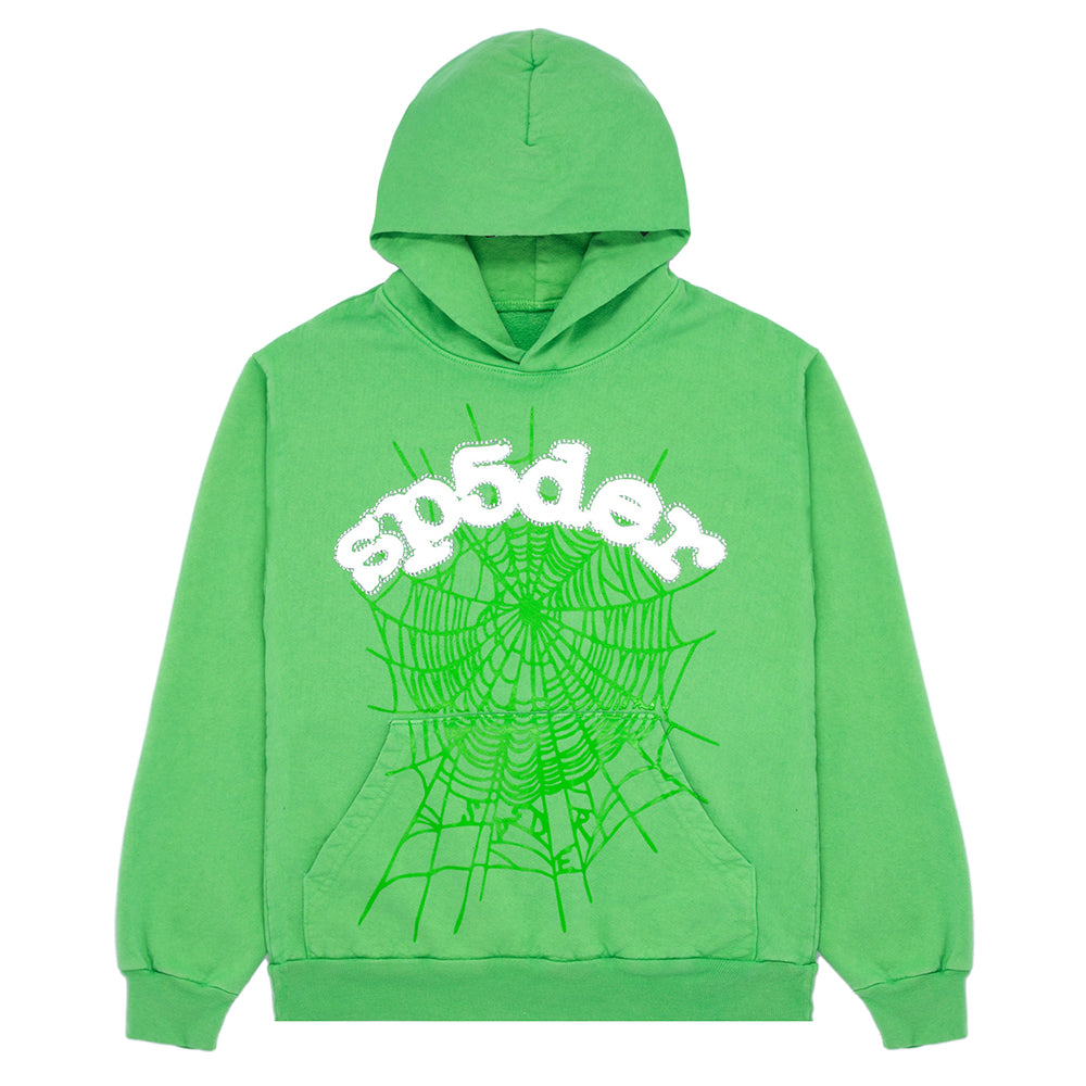 Green 23oz fleece hoodie with white "sp5der" puff print and green SP5DER web print.