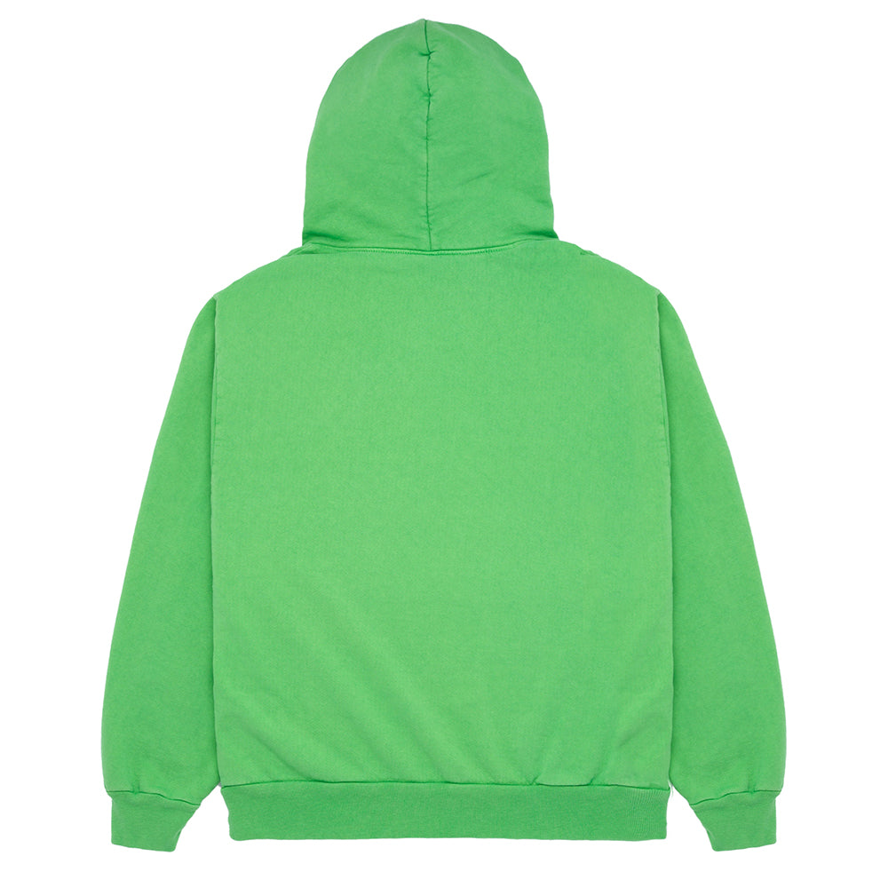 Back view of a plain green WEB HOODIE, 23oz fleece, with ribbed cuffs and hem.