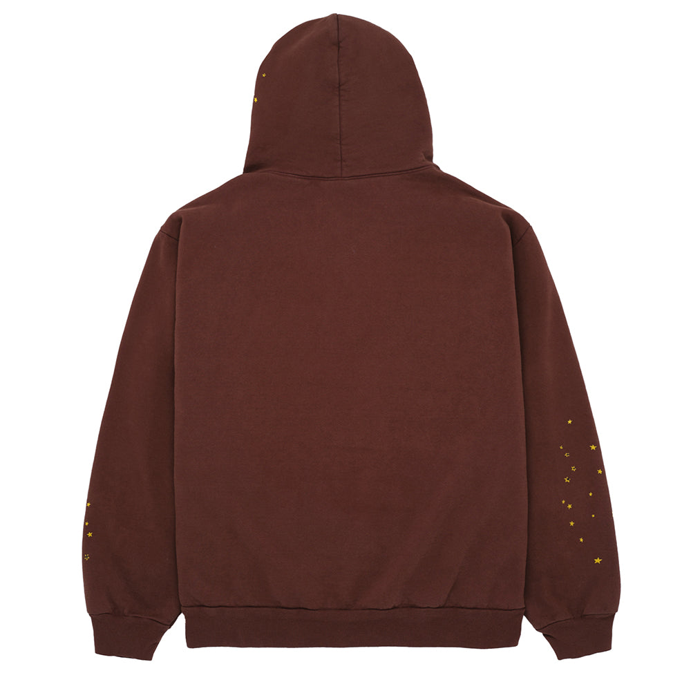 Brown 23oz fleece hoodie with yellow star prints on sleeves and hood.