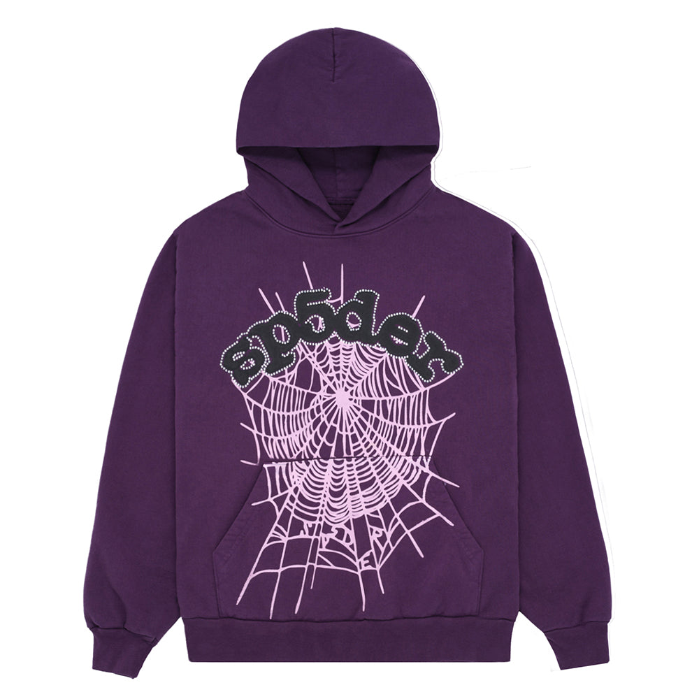 Purple 23oz fleece hoodie with "SP5DER" puff print and large pink web graphic.