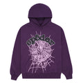 Purple 23oz fleece hoodie with "SP5DER" puff print and large pink web graphic.