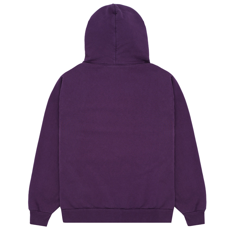 Back of a plain purple WEB HOODIE made from 23oz fleece.