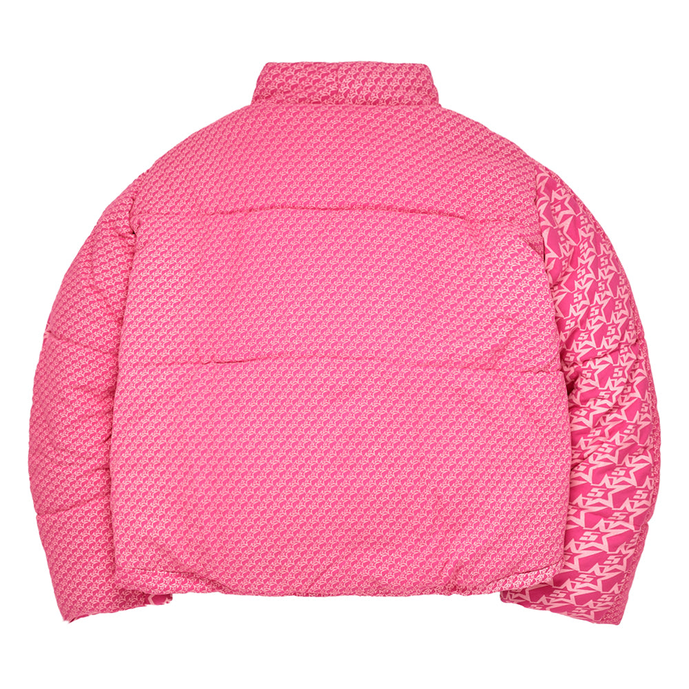 Pink puffer jacket with all-over "5 Star" print, custom dye, and satin lining.
