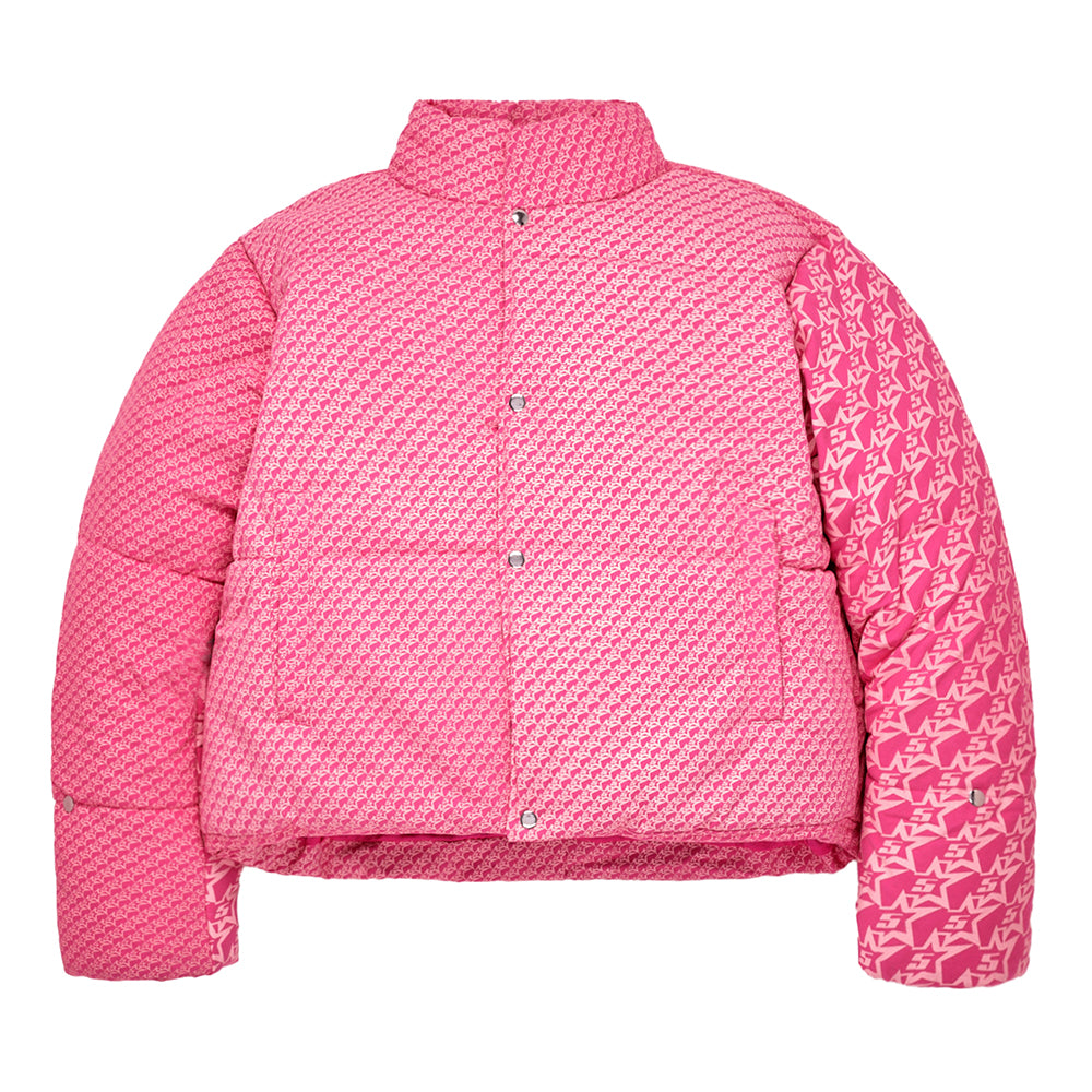 Pink puffer jacket with all-over "5 Star" print, custom dye, and satin lining.