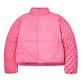 Pink puffer jacket with all-over "5 Star" print, custom dye, and satin lining.