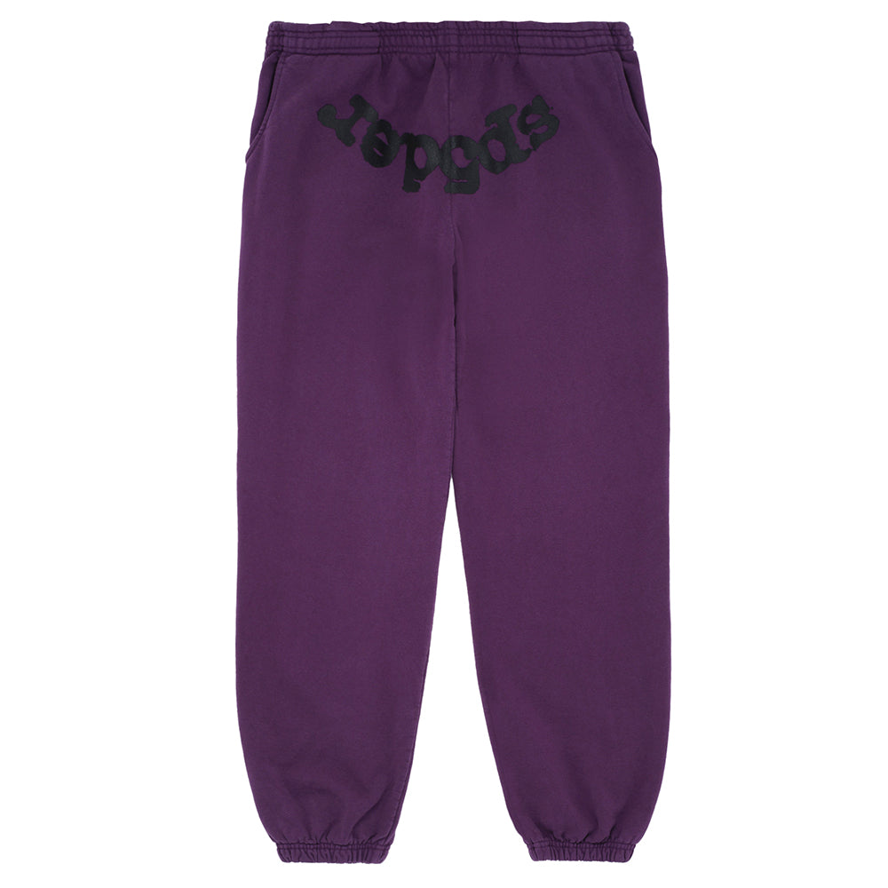 Purple CLASSIC SWEATPANT with black "Sp5der" puff print and discharge print, featuring a web design.