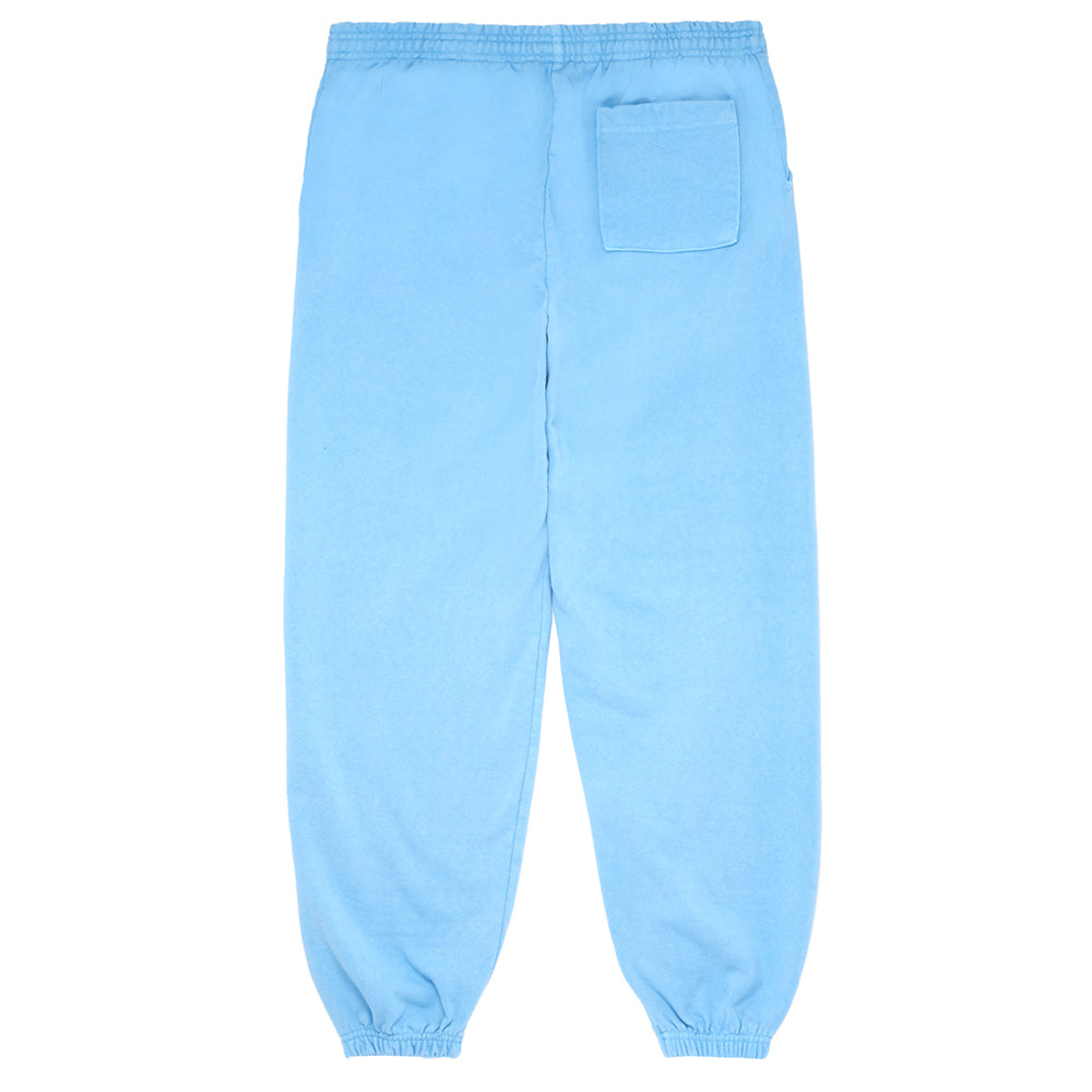 Classic light blue fleece sweatpants with elastic waist and cuffs, featuring a single back pocket.