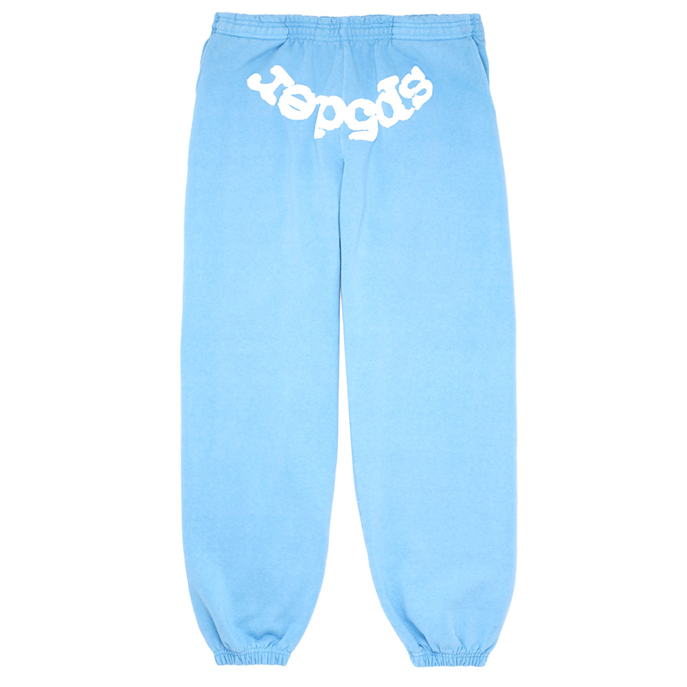 Light blue classic sweatpants with white puff print "SP5DER" web logo across the back waistband.