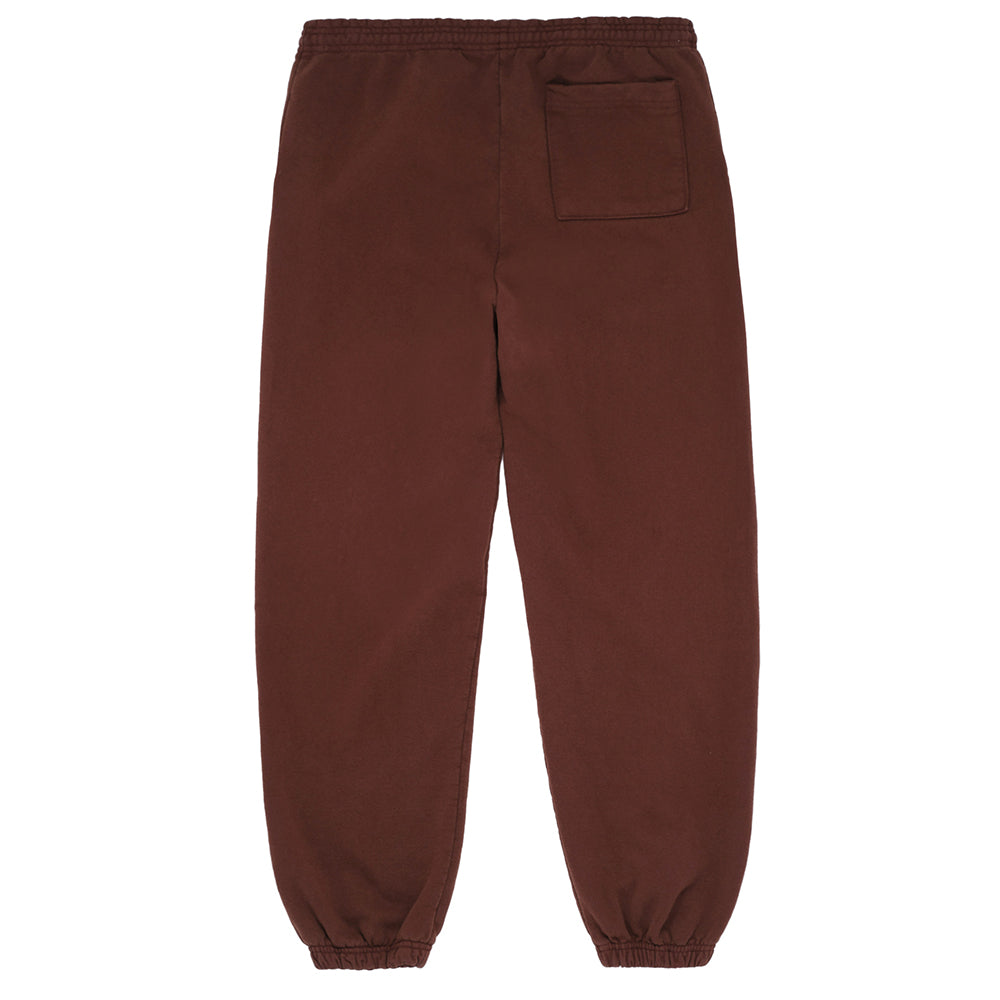 Brown 23oz fleece sweatpants with elastic cuffs and waistband, featuring a back pocket.