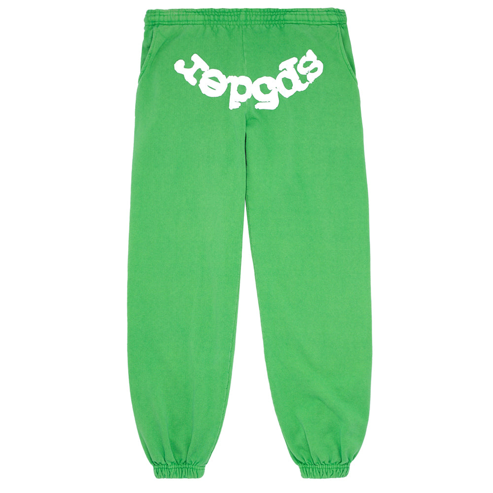 Green CLASSIC SWEATPANT with white puff print "sp5der" logo and SP5DER web print.