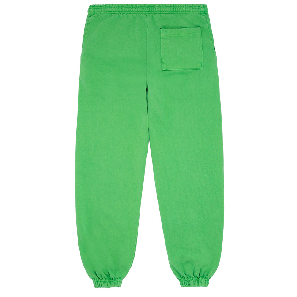 Classic green fleece sweatpants with elastic cuffs and a back patch pocket.