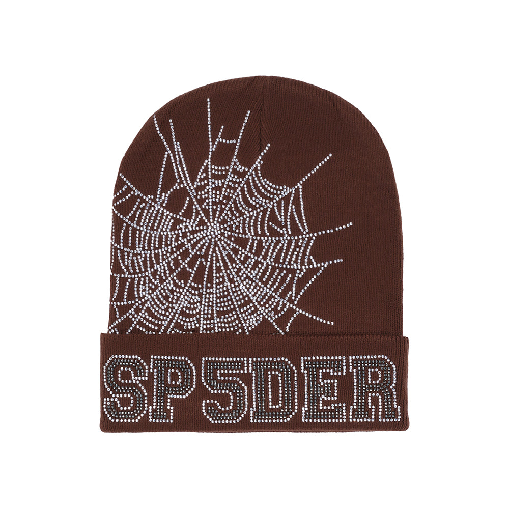 Brown acrylic beanie with a large rhinestone spiderweb and "SP5DER" text on the cuff.