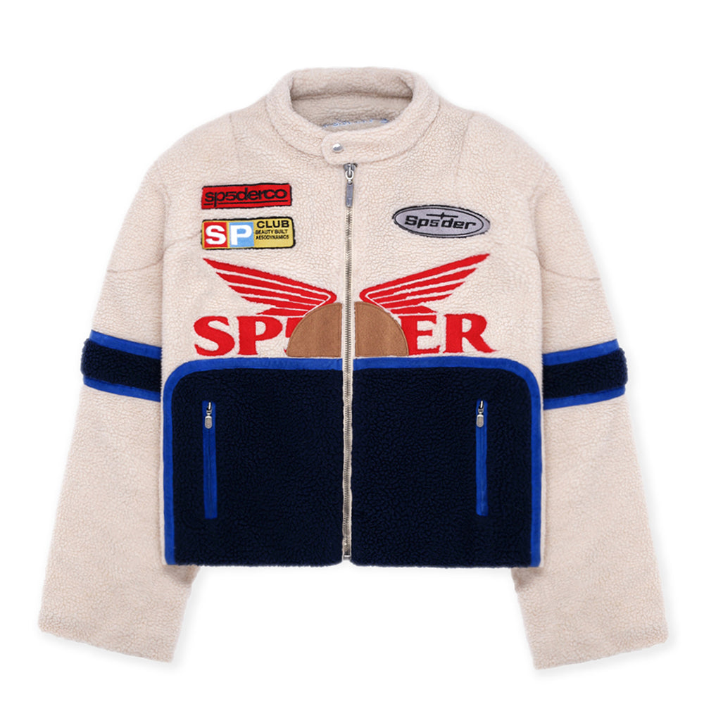 Sherpa Cafe Racer jacket, cream with navy bottom, red wings, SP5DER patches, and leather trim.