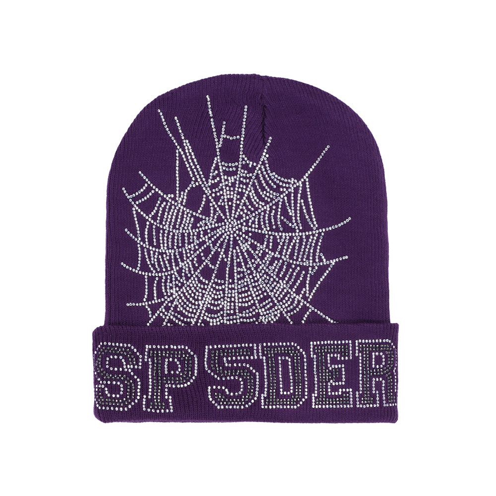 Purple acrylic beanie with a rhinestone spider web and "SP5DER" design on the cuff.