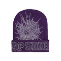Purple acrylic beanie with a rhinestone spider web and "SP5DER" design on the cuff.