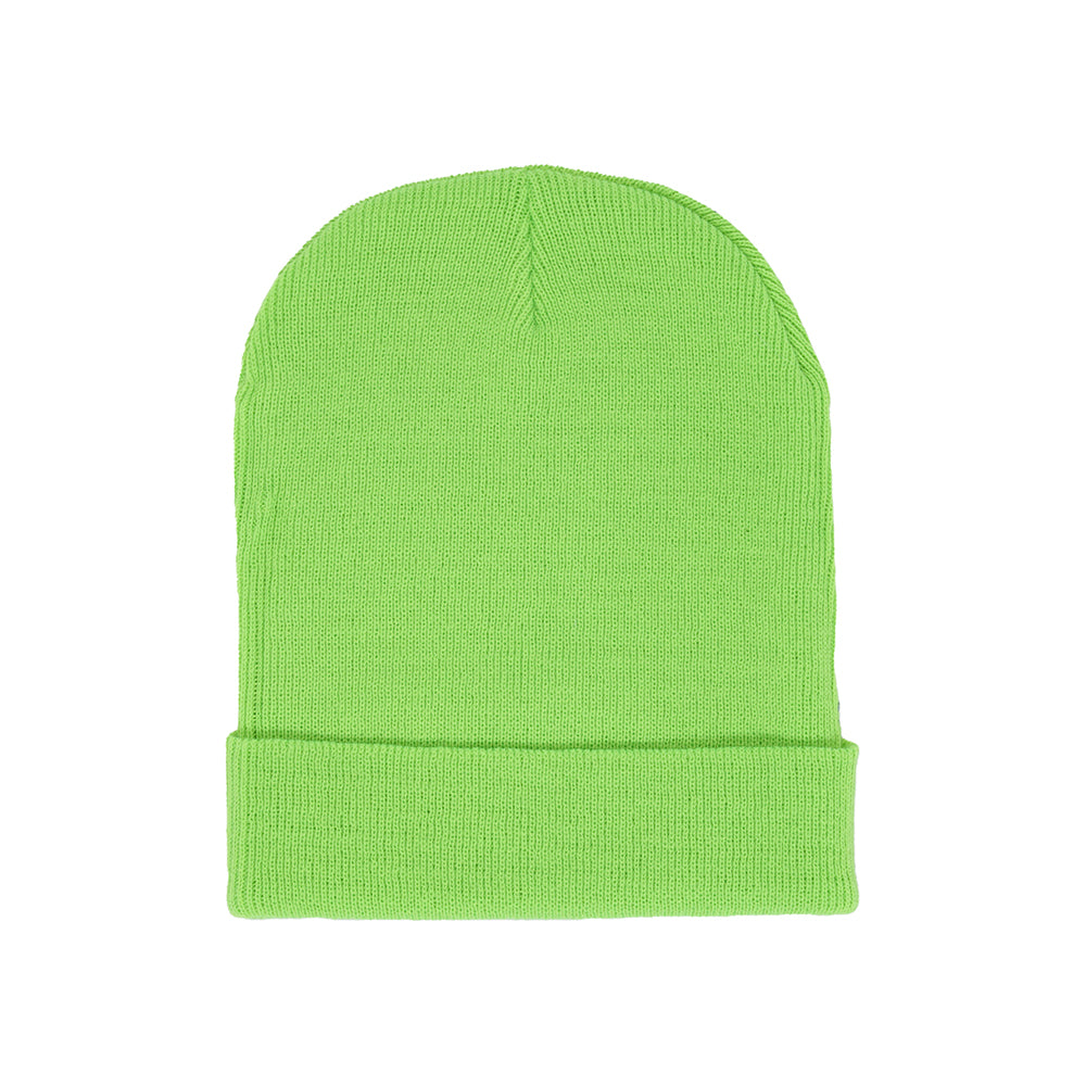 Lime green 100% acrylic WEB BEANIE with folded cuff, no visible rhinestone design.