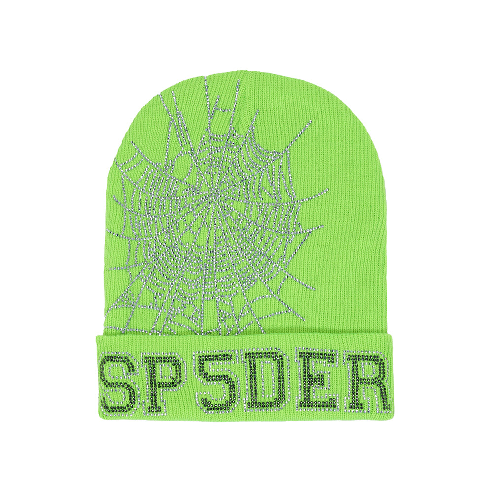 Lime green acrylic beanie with a silver rhinestone spiderweb and "SP5DER" logo.
