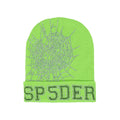 Lime green acrylic beanie with a silver rhinestone spiderweb and "SP5DER" logo.