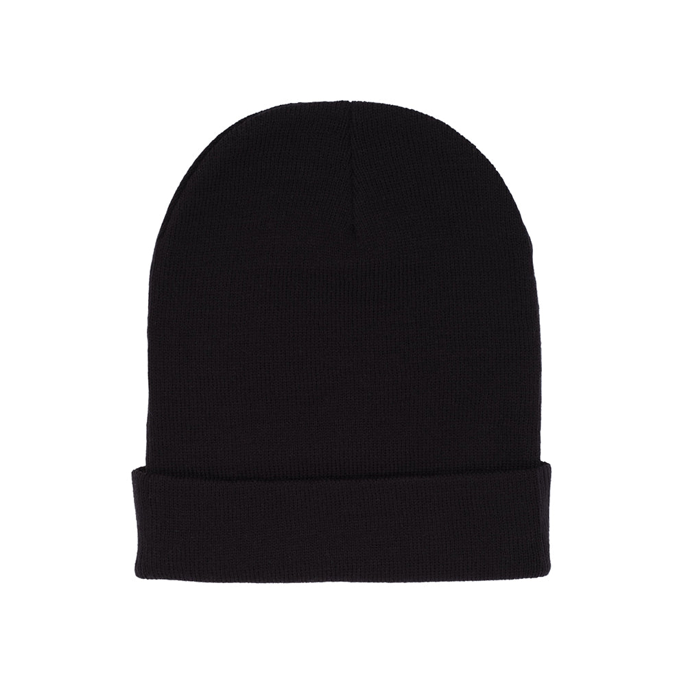 Black acrylic beanie with a folded cuff.