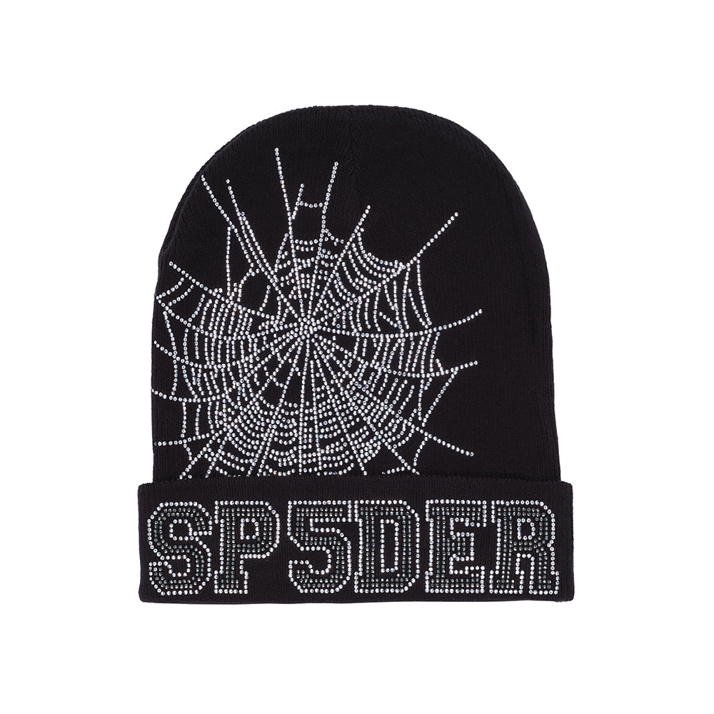 Black acrylic beanie with a rhinestone spider web and "SP5DER" design on the cuff.